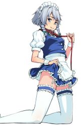 Rule 34 | 1girl, apron, blue eyes, blue skirt, bow, braid, collar, commentary request, garter straps, green bow, h kasei, hair bow, izayoi sakuya, kneeling, leash, looking at viewer, maid headdress, miniskirt, puffy short sleeves, puffy sleeves, short sleeves, silver hair, simple background, skirt, solo, thighhighs, touhou, twin braids, waist apron, white background, white thighhighs, wrist cuffs