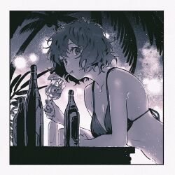 Rule 34 | 1girl, drink, drinking straw, greyscale, highres, monochrome, short hair, solo, swimsuit, ta0oxo0ma, virtual youtuber
