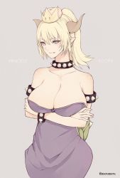 Rule 34 | 1girl, bad id, bad twitter id, bare shoulders, blonde hair, blue eyes, bowsette, bracelet, breasts, character name, cleavage, closed mouth, collar, crossed arms, dress, earrings, fang, fang out, grey background, grey eyes, highres, horns, jewelry, large breasts, looking at viewer, mario (series), marumoru, nintendo, pointy ears, ponytail, purple dress, simple background, smile, solo, spiked bracelet, spiked collar, spikes, strapless, strapless dress, super crown, twitter username, upper body