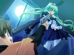 Rule 34 | 1boy, 1girl, apron, at gunpoint, blue eyes, blush stickers, breasts, ceiling, combat maid, covered erect nipples, crying, crying with eyes open, desert eagle, elbow gloves, emupii maid promotion master, from below, full moon, game cg, gloves, green hair, gun, gun to head, hair ribbon, handgun, holding, holding gun, holding weapon, homura yukine, indoors, long hair, lying, m1911, maid, maid apron, medium breasts, mexican standoff, moon, moonlight, night, on back, on floor, one eye closed, pistol, point blank, puffy short sleeves, puffy sleeves, ribbon, short sleeves, smile, standing, sweatdrop, tamahiyo, tears, thighhighs, tsuchimochi riku, twintails, weapon, white apron, white thighhighs, window