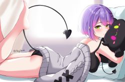 Rule 34 | 1girl, breasts, demon girl, demon tail, full body, green eyes, hair bobbles, hair ornament, highres, hololive, iris angel12xii, looking at viewer, no shoes, panties, pantyshot, piercing, pointy ears, purple hair, short hair, smile, solo, tail, tail ornament, tail piercing, tokoyami towa, tokoyami towa (jirai kei), underwear, virtual youtuber