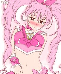 Rule 34 | 1girl, belly, blush, border, bow, bracelet, breasts, brown eyes, choker, collar, crop top, cuffs, cure melody, earrings, houjou hibiki, jewelry, long hair, magical girl, medium breasts, midriff, navel, nipples, no bra, pink hair, pongldr, precure, self-upload, simple background, solo focus, stomach, suite precure, twintails, underboob, white border