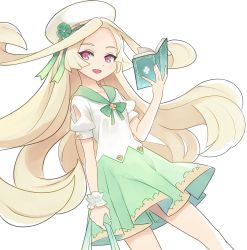Rule 34 | 1girl, alternate costume, arm at side, arm cutout, bag, big hair, blonde hair, book, bow, bowtie, clothing cutout, clover, collarbone, dutch angle, esterielle (world flipper), female focus, flat chest, forehead, four-leaf clover, green bow, green bowtie, green sailor collar, green skirt, hand up, happy, highres, holding, holding bag, holding book, jpeg artifacts, komuro takahiro, long hair, looking at viewer, miniskirt, open book, open mouth, parted bangs, pleated skirt, puffy short sleeves, puffy sleeves, red eyes, sailor collar, school uniform, scrunchie, serafuku, shirt, short sleeves, sidelocks, simple background, skirt, smile, solo, standing, very long hair, white background, white scrunchie, white shirt, world flipper, wrist scrunchie
