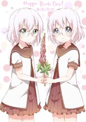 Rule 34 | 2girls, abstract background, bafarin, blue eyes, blush, bouquet, character name, collar, crossed bangs, dot nose, dress, english text, expressionless, flower, food, from side, fruit, glasses, hair between eyes, happy birthday, highres, holding hands, ikeda chitose, ikeda chizuru, leaf, looking at viewer, maple leaf, multiple girls, name connection, namori (style), official style, pleated dress, sailor collar, school uniform, semi-rimless eyewear, serafuku, short hair, short sleeves, siblings, sisters, smile, tareme, tsurime, twins, white background, white hair, yuru yuri