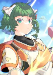 Rule 34 | 1other, ahoge, androgynous, armor, braid, closed mouth, cloud, cloudy sky, green eyes, green hair, juniper (xenoblade), looking at viewer, mugimugis, other focus, short hair, sky, solo, xenoblade chronicles (series), xenoblade chronicles 3