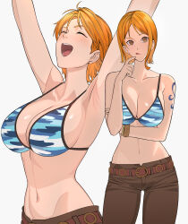 Rule 34 | 1girl, :d, :q, ^ ^, absurdres, arm tattoo, belt, bikini, bikini top only, blue bikini, breasts, brown belt, brown eyes, brown pants, camouflage, camouflage bikini, closed eyes, collarbone, highres, large breasts, multiple views, nami (one piece), navel, one piece, open mouth, pants, short hair, smile, stomach, strap gap, swimsuit, tattoo, tongue, tongue out, uukkaa