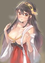 Rule 34 | 10s, 1girl, bad id, bad twitter id, bare shoulders, black hair, blush, breasts, breasts out, brown eyes, cleavage, cum, cum in mouth, cum on body, cum on breasts, cum on hair, cum on upper body, detached sleeves, facial, hair ornament, hairband, hairclip, hakama, hakama skirt, haruna (kancolle), japanese clothes, kantai collection, large breasts, long hair, nontraditional miko, open mouth, red hakama, sarashi, simple background, skirt, solo, tongue, tongue out, undone sarashi, wide sleeves, yuran