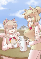 Rule 34 | 2girls, :d, :o, ^ ^, alpaca ears, alpaca suri (kemono friends), animal ears, beige vest, blonde hair, blue sky, breast pocket, breasts, chinese commentary, closed eyes, cloud, commentary request, cup, day, dual persona, fur-trimmed sleeves, fur collar, fur trim, grey eyes, hair over one eye, hand to own mouth, horizontal pupils, kemono friends, large breasts, pantyhose under shorts, long sleeves, miji doujing daile, mountain, multiple girls, open mouth, outdoors, pantyhose, pocket, ponytail, railing, short hair, short shorts, shorts, sitting, sky, smile, table, teapot, vest, white legwear, yellow shorts, yellow vest