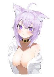 1girl absurdres ahoge animal_collar animal_ear_fluff animal_ears black_collar blush breasts cat_ears cat_girl collar collared_shirt commentary_request crossed_bangs double-parted_bangs dress_shirt hair_between_eyes highres hololive large_breasts looking_at_viewer medium_hair messy_hair naked_shirt nekomata_okayu nekomata_okayu_(oversized_shirt) official_alternate_costume open_clothes open_mouth open_shirt purple_eyes shirt simple_background single_off_shoulder solo straight-on uw_chanmaru virtual_youtuber white_background white_shirt