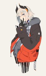 Rule 34 | 1girl, black gloves, black pantyhose, blue eyes, brown background, coat, coat on shoulders, cropped legs, earrings, gloves, gohan (gohanchang), grey hoodie, hair ornament, hairclip, hand in pocket, hand on own face, hand up, highres, hood, hoodie, horns, jewelry, levi elipha, long sleeves, looking at viewer, nijisanji, pantyhose, short hair, sidelocks, simple background, smile, solo, striped clothes, striped pantyhose, vertical-striped clothes, vertical-striped pantyhose, virtual youtuber