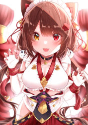 Rule 34 | 1girl, animal ears, breasts, brown hair, claw pose, cleavage, collarbone, dog ears, eyebrows hidden by hair, fang, flower, hair flower, hair ornament, heterochromia, highres, inui toko, inui toko (valkyrie hero), long hair, maid headdress, medium breasts, nail polish, nijisanji, open hands, red eyes, red flower, red nails, skin fang, solo, suzue moka, thigh strap, virtual youtuber, yellow eyes