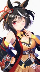 Rule 34 | ahoge, animal ears, black hair, blush, breasts, commentary request, detached sleeves, hair between eyes, hair ornament, highres, horse ears, horse girl, kitasan black (umamusume), looking at viewer, medium breasts, one eye closed, open mouth, red eyes, simple background, umamusume, white background, ymd (holudoun)