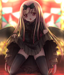 Rule 34 | 1girl, black bow, black skirt, black thighhighs, blonde hair, blood, blood from mouth, bow, clothes lift, demon wings, hair bow, halloween, kneeling, looking at viewer, open mouth, original, outdoors, psyche3313, red eyes, skirt, skirt lift, solo, thighhighs, tongue, tongue out, wings