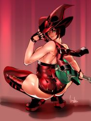 Rule 34 | 1girl, ass, black hair, boots, bowalia, breasts, fingerless gloves, gloves, green eyes, guilty gear, guitar, hat, i-no, instrument, large breasts, mole, mole above mouth, red hat, short hair, signature, solo, spread legs, squatting, thigh boots, thighhighs, topless, witch hat