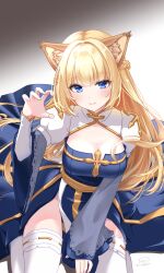 Rule 34 | 1girl, animal ear fluff, animal ears, arch bishop (ragnarok online), blonde hair, blue dress, blue eyes, blush, breasts, cat day, cat ears, claw pose, cleavage, cleavage cutout, closed mouth, clothing cutout, commentary, cross, dress, highres, juliet sleeves, large breasts, long hair, long sleeves, looking at viewer, medium bangs, pelvic curtain, puffy sleeves, ragnarok online, ribbon-trimmed thighhighs, sash, smile, solo, thighhighs, tomo-graphy, two-tone dress, very long hair, white dress, white thighhighs, yellow sash