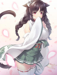 Rule 34 | 1girl, animal ears, azur lane, bad id, bad pixiv id, black hair, braid, cat ears, cat tail, commentary request, covering own mouth, detached sleeves, eyes visible through hair, highres, japanese clothes, long hair, looking at viewer, low twintails, ooshio (azur lane), pleated skirt, red eyes, sakuba nao, sidelocks, simple background, skirt, solo, tail, twin braids, twintails, wide sleeves