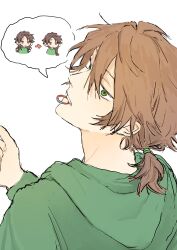 Rule 34 | 2boys, braid, brown hair, closed mouth, gigantea pp, green eyes, green hoodie, green shirt, hair between eyes, hair tie in mouth, harada minoru, head tilt, highres, hood, hood down, hoodie, isoi reiji, long sleeves, low ponytail, male focus, mouth hold, multiple boys, red eyes, saibou shinkyoku, scar, scar on face, scar on forehead, shirt, short ponytail, side braid, simple background, smile, spoken character, white background