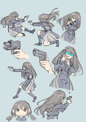 Rule 34 | 1girl, aiming, black hair, black socks, goggles, gun, highres, inoue takina, lycoris recoil, matsumoto noriyuki, multiple views, socks, uniform, weapon