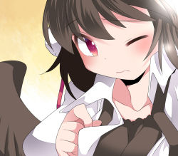 Rule 34 | 1girl, bad id, bad pixiv id, brown hair, commentary request, hammer (sunset beach), hat, looking at viewer, one eye closed, open clothes, open shirt, red eyes, selfie, shameimaru aya, shirt, short hair, solo, tokin hat, touhou, upper body, wings