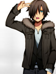 Rule 34 | 1boy, black hair, blue eyes, candy, food, gradient background, hair over one eye, jacket, jewelry, lollipop, male focus, mouth hold, necklace, open mouth, original, shirotaka (5choume), short hair, solo, v, white background
