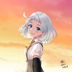Rule 34 | 1girl, artist name, ascot, black gloves, blue eyes, closed mouth, dated, elbow gloves, from side, gloves, grey hair, kantai collection, looking at viewer, natsugumo (kancolle), one-hour drawing challenge, outdoors, short hair, smile, solo, sunset, tk8d32, yellow ascot