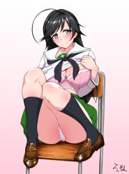 Rule 34 | 1girl, ahoge, artist name, black eyes, black hair, black neckerchief, black socks, blouse, blush, bra, breasts, brown footwear, chair, cleavage, closed mouth, clothes lift, commentary request, floral print, girls und panzer, gradient background, green skirt, isuzu hana, large breasts, lifting own clothes, loafers, long hair, long sleeves, looking at viewer, miniskirt, neckerchief, on chair, ooarai school uniform, panties, pantyshot, pink background, pink bra, pleated skirt, print bra, rasson, sailor collar, school chair, school uniform, serafuku, shirt, shirt lift, shoes, signature, simple background, sitting, skirt, smile, socks, solo, underwear, white panties, white sailor collar, white shirt