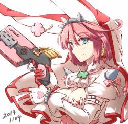 Rule 34 | 1girl, ascot, belt, blue eyes, blush, breasts, bridal veil, cleavage, clover, dated, dress, earrings, elphelt valentine, fingernails over gloves, four-leaf clover, gloves, guilty gear, guilty gear xrd, gun, hairband, heart, holding, holding gun, holding weapon, jewelry, kuro goma (kakkou11), large breasts, long sleeves, pink hair, pink ribbon, puffy long sleeves, puffy sleeves, ribbon, short hair, shotgun, simple background, smile, solo, spikes, veil, weapon, white background, white gloves, whitesesame