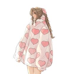 1girl aerith_gainsborough braid braided_ponytail brown_hair closed_mouth final_fantasy final_fantasy_vii green_eyes hair_ribbon heart heart_print highres long_hair long_sleeves oversized_clothes papermint_tea pink_ribbon ribbon smile solo sweater white_background