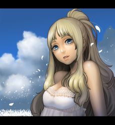 Rule 34 | 1girl, blonde hair, blue eyes, breasts, cleavage, dress, female focus, highres, kalua (artist), letterboxed, lips, long hair, open mouth, original, outdoors, ponytail, sky, solo