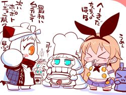 Rule 34 | &gt; &lt;, 4girls, abyssal ship, ahoge, animal ears, apron, aqua eyes, arms up, blonde hair, blunt bangs, chef hat, chibi, cloak, closed eyes, collar, comic, commentary request, eating, elbow gloves, fake animal ears, food in mouth, gloves, grill, hachimaki, hairband, hat, headband, horns, kantai collection, long hair, mittens, multiple girls, navel, nejiri hachimaki, northern ocean princess, northern water princess, open mouth, orange eyes, plate, rabbit ears, rensouhou-chan, sako (bosscoffee), shimakaze (kancolle), shirt, sidelocks, sleeveless, sleeveless shirt, smile, submarine princess, thighhighs, translation request, white background, white hair