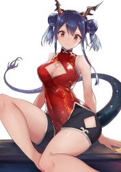 Rule 34 | 1girl, arknights, arm support, bare arms, bare legs, bare shoulders, black shorts, blue hair, breasts, ch&#039;en (ageless afterglow) (arknights), ch&#039;en (arknights), china dress, chinese clothes, cleavage, cleavage cutout, clothing cutout, commentary request, covered navel, double bun, dragon horns, dragon tail, dress, feet out of frame, hair between eyes, hair bun, head tilt, highres, horns, large breasts, long hair, looking at viewer, official alternate costume, purple eyes, red dress, short shorts, shorts, sidelocks, simple background, sitting, sleeveless, sleeveless dress, solo, tail, thighs, white background, yuzuruka (bougainvillea)
