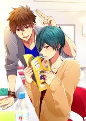 Rule 34 | 2boys, azuki 66, bottle, brothers, brown hair, chair, closed mouth, green hair, high speed!, kirishima ikuya, kirishima natsuya, looking at viewer, magazine (object), male focus, multiple boys, aged up, open mouth, red eyes, short hair, sitting, smile, sweater, v