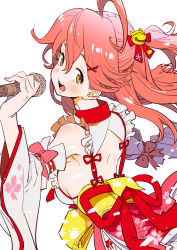 Rule 34 | 1girl, ahoge, bare shoulders, bell, breasts, cherry blossom print, detached sleeves, floral print, frills, from behind, hair bell, hair ornament, highres, holding, holding microphone, hololive, long hair, looking at viewer, microphone, open mouth, pink hair, sakura miko, sakura miko (1st costume), sideboob, solo, tamo (gaikogaigaiko), teeth, tongue, upper teeth only, virtual youtuber, white background