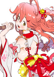 1girl ahoge bare_shoulders bell breasts cherry_blossom_print detached_sleeves floral_print frills from_behind hair_bell hair_ornament highres holding holding_microphone hololive long_hair looking_at_viewer microphone open_mouth pink_hair sakura_miko sakura_miko_(1st_costume) sideboob solo tamo_(gaikogaigaiko) teeth tongue upper_teeth_only virtual_youtuber white_background