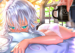 Rule 34 | 1girl, backlighting, blush, coffee mug, commentary, cup, elf, green eyes, half-closed eyes, highres, holding, holding cup, kein hasegawa, lace, lace-trimmed panties, lace trim, light particles, lingerie, long hair, looking at viewer, lying, messy hair, mug, on bed, on stomach, original, out of frame, panties, pointy ears, see-through, underwear, white hair, white panties, window