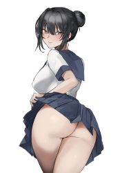 Rule 34 | 1girl, absurdres, ass, black hair, blue sailor collar, blue skirt, blush, breasts, closed mouth, clothes lift, commentary request, commission, copyright request, cowboy shot, eyelashes, from behind, funyo (masa), hair bun, highres, large breasts, looking at viewer, looking back, miniskirt, pleated skirt, sailor collar, school uniform, serafuku, shirt, short hair, short sleeves, side bun, single side bun, skeb commission, skirt, skirt lift, smile, solo, standing, white shirt, yellow eyes