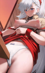 Rule 34 | 1girl, absurdres, apron, azur lane, beige shirt, belfast (azur lane), belfast (piping-hot perfection) (azur lane), blue eyes, blush, breasts, broken, broken chain, chain, collar, crotch rub, female masturbation, highres, large breasts, long hair, looking at viewer, masturbation, masturbation through clothes, metal collar, mochirong, nipples, red apron, solo, table humping, thighs, waitress