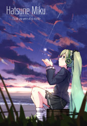 Rule 34 | 1girl, artist name, beach, character name, cloud, from side, green eyes, green hair, hatsune miku, headphones, highres, long hair, ocean, outdoors, sitting, skirt, sky, solo, spring onion, sunrise, twintails, very long hair, vocaloid, water, zhayin-san