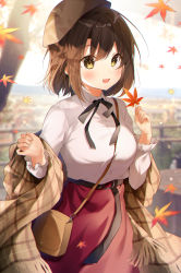 Rule 34 | 1girl, :d, autumn leaves, bag, beret, blush, breasts, brown eyes, brown hair, brown hat, collared shirt, commentary request, dress shirt, fringe trim, gyozanuko, hair between eyes, hat, highres, holding, holding leaf, katou megumi, leaf, long sleeves, looking at viewer, maple leaf, medium breasts, open mouth, red skirt, saenai heroine no sodatekata, shawl, shirt, shoulder bag, skirt, smile, solo, tilted headwear, white shirt