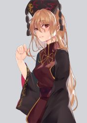 Rule 34 | 1girl, asuzemu, bad id, bad twitter id, black dress, blonde hair, commentary request, cowboy shot, dress, grey background, hair between eyes, headdress, junko (touhou), light smile, long hair, long sleeves, looking at viewer, neck ribbon, red eyes, ribbon, simple background, sleeves past wrists, solo, standing, tabard, tassel, touhou, very long hair, wide sleeves, yellow ribbon