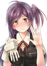Rule 34 | 10s, 1girl, ahoge, gloves, unworn gloves, hagikaze (kancolle), hand up, highres, jewelry, kamelie, kantai collection, long hair, neck ribbon, one side up, purple hair, red ribbon, ribbon, ring, side ponytail, single glove, smile, solo, vest, wedding band, white gloves