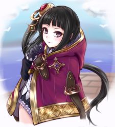 Rule 34 | 1girl, atelier (series), atelier totori, black hair, closed mouth, cloud, gloves, hair ornament, leotard, long hair, looking at viewer, mimi houllier von schwarzlang, ponytail, purple eyes, riria (liry a flower), side ponytail, solo