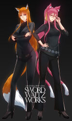 Rule 34 | 2girls, adjusting eyewear, alternate costume, animal ear fluff, animal ears, bell-bottoms, black background, black footwear, black suit, black sweater, blazblue, brown hair, business suit, cat ears, cat tail, catherine (game), collarbone, commission, cosplay, covered collarbone, crossed arms, formal, full body, glasses, grey nails, hair ribbon, hand on own hip, high heels, highres, holo, katherine mcbride, katherine mcbride (cosplay), kokonoe (blazblue), light smile, lipstick, long bangs, long hair, looking at viewer, makeup, multiple girls, multiple tails, nail polish, niijima sae, niijima sae (cosplay), pants, persona, persona 5, ponytail, red hair, red nails, ribbon, skin tight, spice and wolf, suit, sweater, swordwaltz, tail, turtleneck, turtleneck sweater, wolf ears, wolf girl, wolf tail