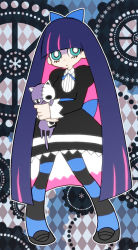 Rule 34 | 10s, 1girl, bad id, bad pixiv id, blue eyes, blue hair, bow, colored inner hair, dress, female focus, full body, gothic lolita, hair bow, honekoneko, lolita fashion, long hair, matching hair/eyes, multicolored hair, panty &amp; stocking with garterbelt, solo, stocking (psg), striped clothes, striped thighhighs, stuffed toy, thighhighs