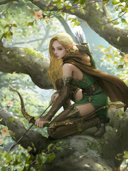 Rule 34 | 1girl, absurdres, arrow (projectile), blonde hair, blue eyes, boots, bow (weapon), branch, breasts, commentary, day, detached sleeves, earrings, elf, english commentary, high heel boots, high heels, highres, in tree, jewelry, lips, long hair, original, outdoors, parted lips, pointy ears, sanghyun kam, sideboob, solo, teeth, thigh boots, thighhighs, tree, weapon