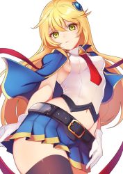Rule 34 | 1girl, arched back, arms at sides, belt buckle, black thighhighs, blazblue, blonde hair, blue cape, blue skirt, breasts, buckle, cape, closed mouth, collared cape, collared shirt, commentary request, cowboy shot, green eyes, hair between eyes, hair up, hand on own leg, kokouno oyazi, long hair, looking at viewer, midriff, midriff peek, miniskirt, navel, necktie, noel vermillion, pleated skirt, red necktie, shirt, sideboob, simple background, skirt, sleeveless, sleeveless shirt, small breasts, solo, standing, thighhighs, very long hair, white background, white shirt