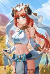 Rule 34 | 1girl, aqua eyes, bare shoulders, blue bow, blue gemstone, blue skirt, blue sky, blush, bow, breasts, brooch, circlet, closed mouth, cloud, commentary, cowboy shot, crop top, day, detached sleeves, fake horns, floating hair, gem, genshin impact, gold trim, grass, harem outfit, highres, holding, horns, jewelry, long hair, long sleeves, looking at viewer, low twintails, medium breasts, navel, neck ring, nersiyan, nilou (genshin impact), outdoors, parted bangs, pelvic curtain, puffy long sleeves, puffy sleeves, red hair, sideboob, skirt, skirt hold, sky, smile, solo, stomach, sunlight, thighlet, thighs, twintails, veil, water, white headwear