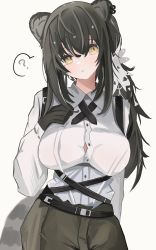 Rule 34 | 1girl, ?, absurdres, animal ears, arknights, belt, black gloves, black hair, blush, button gap, collared shirt, cowboy shot, gloves, hand on own chest, head tilt, highres, long hair, long sleeves, looking at viewer, nui (nuinui0300), parted lips, ponytail, raccoon ears, raccoon tail, robin (arknights), shirt, simple background, solo, speech bubble, spoken question mark, tail, white background, white shirt, yellow eyes