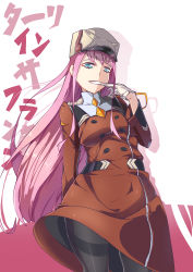 Rule 34 | 1girl, absurdres, arm behind back, black pantyhose, blue eyes, brown dress, brown hat, commentary, copyright name, cowboy shot, darling in the franxx, dress, english commentary, glove pull, gloves, grin, hat, high collar, highres, long hair, long sleeves, looking at viewer, military, military hat, military uniform, pantyhose, pink hair, shadow, shako cap, short dress, smile, solo, standing, thighband pantyhose, translated, uniform, white background, white gloves, wind, wind lift, xiro (x315048074), zero two (darling in the franxx)