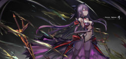 Rule 34 | 1girl, armor, armored dress, breasts, cleavage, dark persona, date a live, dress, elbow gloves, garter straps, gloves, hair ornament, highres, hip armor, long hair, looking at viewer, medium breasts, navel, pink eyes, purple dress, purple hair, purple thighhighs, revealing clothes, see-through, standing, sword, thighhighs, wangchuan de quanyan, weapon, yatogami tooka, yatogami tooka (true form)